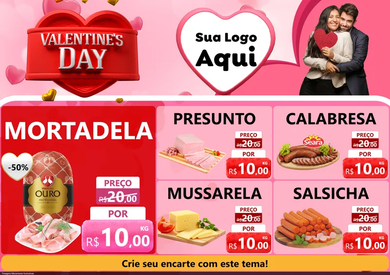 Modelo de Encarte para Encarte A4 Horizontal com o tema Valentine's Day para Frios e Laticínios