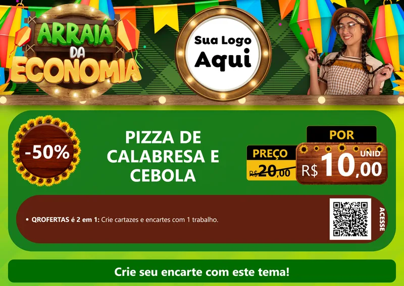 Modelo de Cartaz para Cartaz A4 Horizontal com o tema Arraiá de Economia para Pizzaria