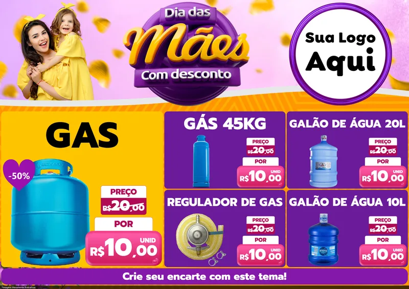 Modelo de Encarte para Encarte A4 Horizontal com o tema Dia das Mães com Desconto para Água e gás