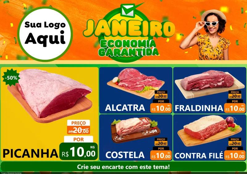 Modelo de Encarte para Encarte A4 Horizontal com o tema Janeiro - Economia Garantida para Açougue
