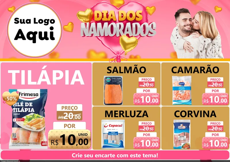 Modelo de Encarte para Encarte A4 Horizontal com o tema Dia dos Namorados para Peixaria