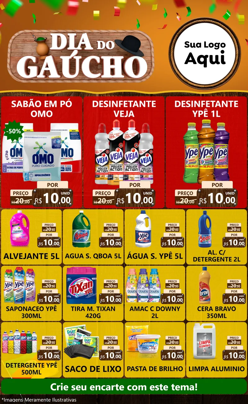 Modelo de Encarte para Encarte Grande com o tema Dia do Gaúcho para Produtos de Limpeza