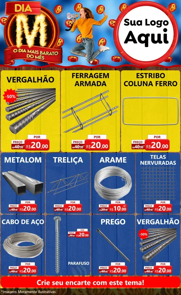 Modelo de Encarte para Encarte Grande com o tema Dia M - O Dia Mais Barato Do Mês para Ferragens