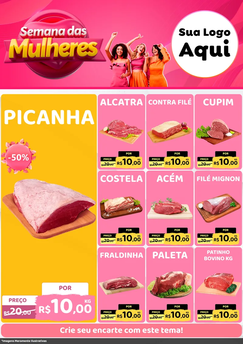 Modelo de Encarte para Encarte A4 Vertical com o tema Semana das Mulheres para Açougue
