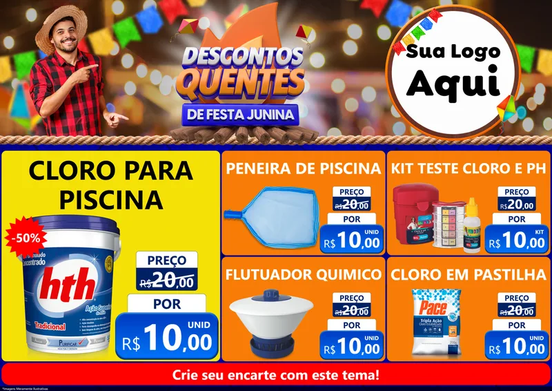 Modelo de Encarte para Encarte A4 Horizontal com o tema Descontos Quentes de Festa Junina para Produtos para Piscina