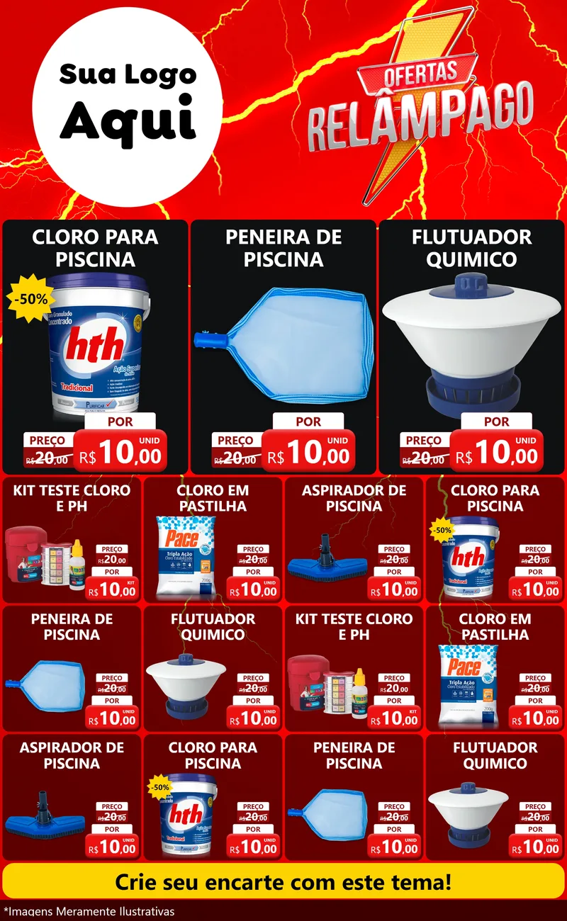 Modelo de Encarte para Encarte Grande com o tema Ofertas Relâmpago para Produtos para Piscina