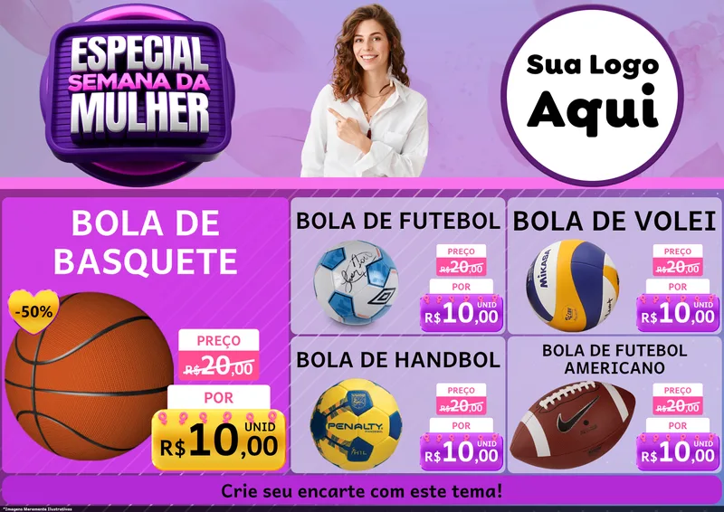 Modelo de Encarte para Encarte A4 Horizontal com o tema Especial Semana da Mulher para Artigos Esportivos