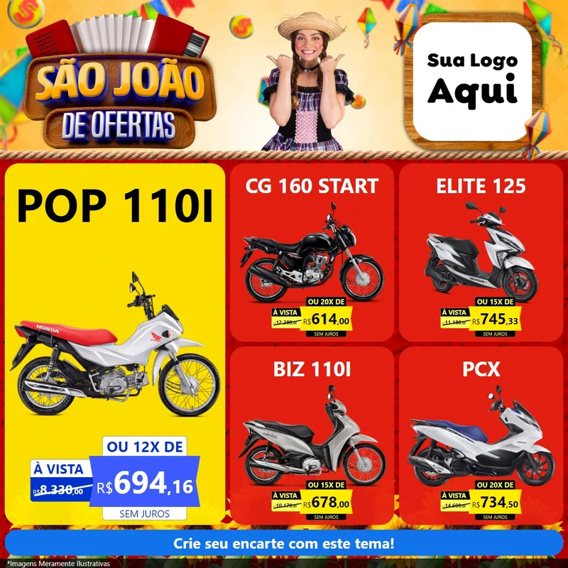 Modelo de Rede Social para Feed Facebook com o tema São João de Ofertas para Concessionaria de Motos