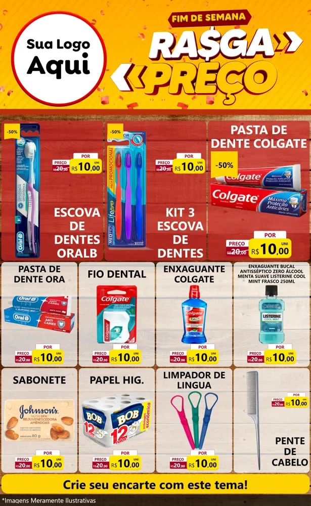 Modelo de Encarte para Encarte Grande com o tema Fim de Semana Rasga Preços para Higiene Pessoal