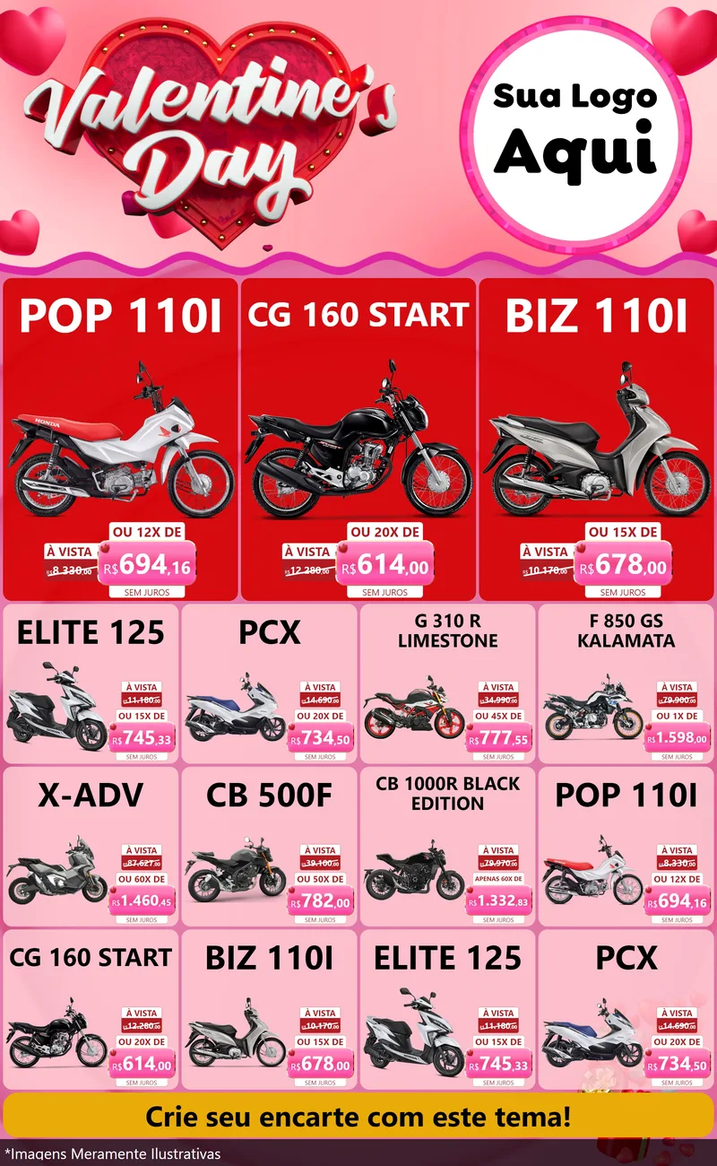 Modelo de Encarte para Encarte Grande com o tema Valentine's Day para Concessionaria de Motos