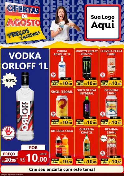 Modelo de Encarte para Encarte A4 Vertical com o tema Ofertas de Agosto - Preços Incríveis para Distribuidora de bebidas