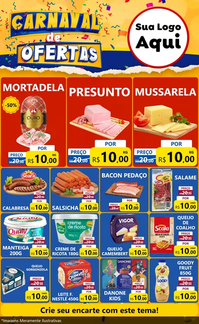 Modelo de Encarte para Encarte Grande com o tema Carnaval de Ofertas para Frios e Laticínios