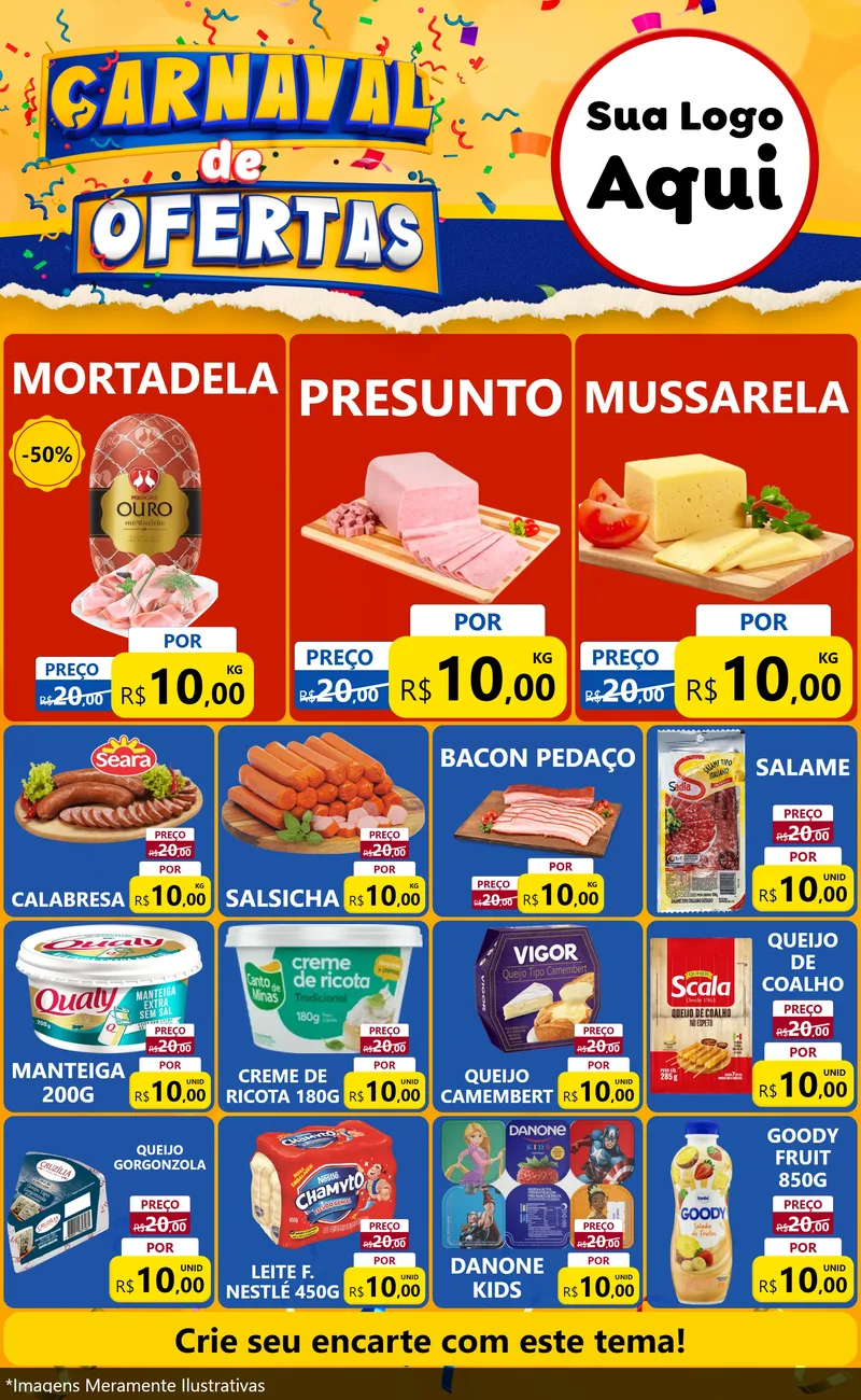 Modelo de Encarte para Encarte Grande com o tema Carnaval de Ofertas para Frios e Laticínios