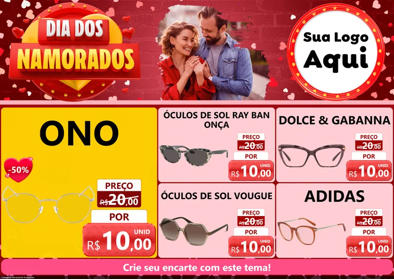 Modelo de Encarte para Encarte A4 Horizontal com o tema Dia Dos Namorados para Óticas