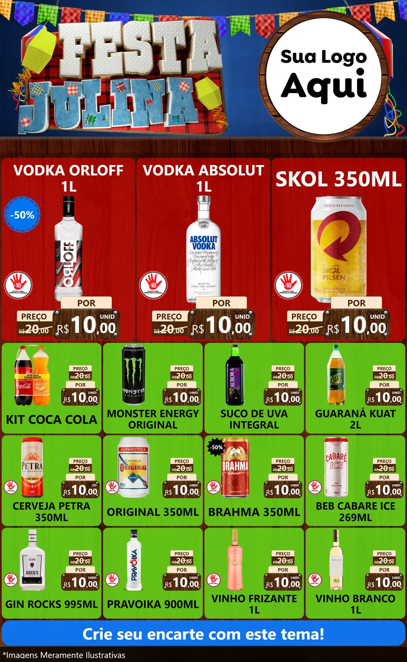 Modelo de Encarte para Encarte Grande com o tema Festa Julina para Distribuidora de bebidas