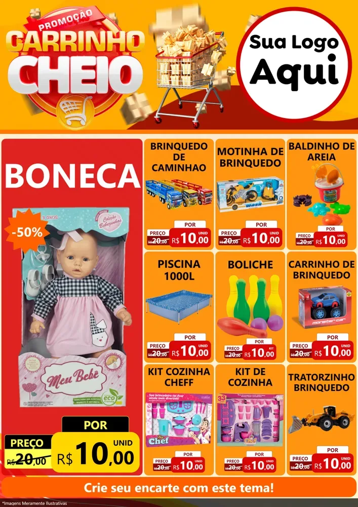 Modelo de Encarte para Encarte A4 Vertical com o tema Promoção carrinho cheio para Brinquedos