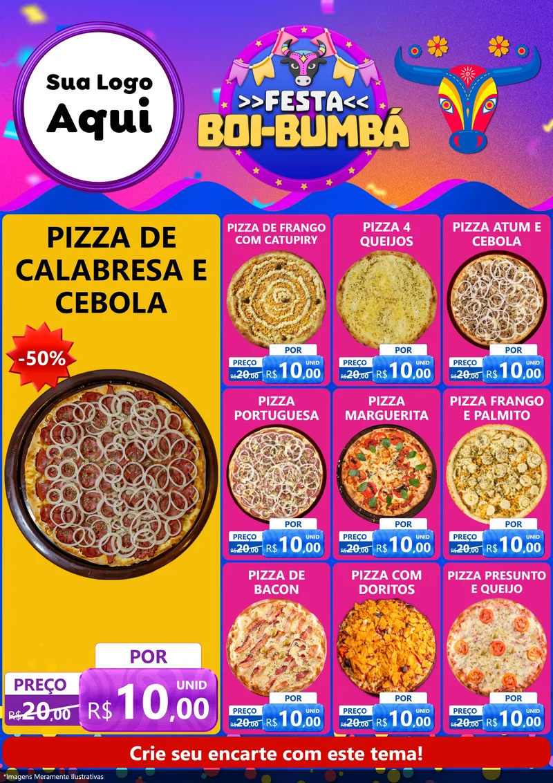 Modelo de Encarte para Encarte A4 Vertical com o tema Festa Boi-Bumbá para Pizzaria