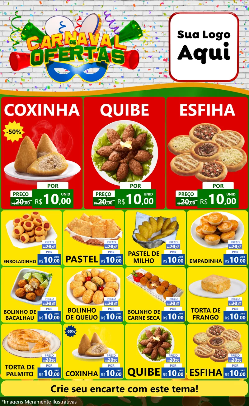 Modelo de Encarte para Encarte Grande com o tema Carnaval de Ofertas para Salgadaria