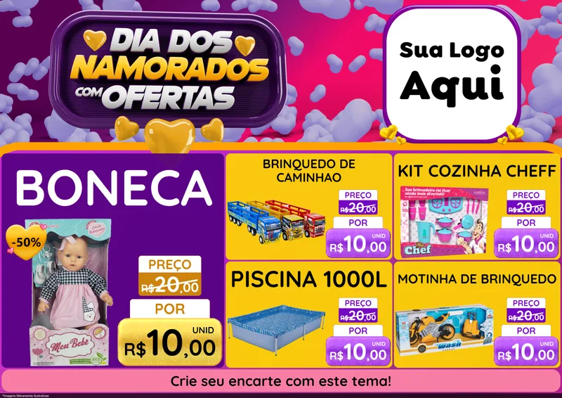 Modelo de Encarte para Encarte A4 Horizontal com o tema Dia Dos Namorados Com Ofertas para Brinquedos