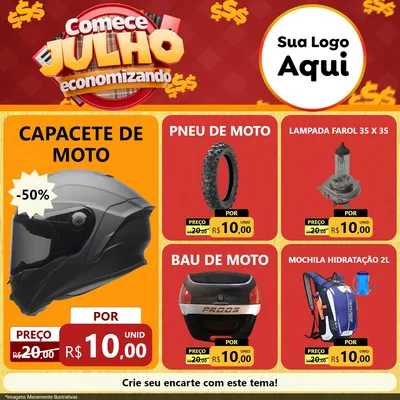 Modelo de Rede Social para Feed Facebook com o tema Comece Julho Economizando para Moto peças