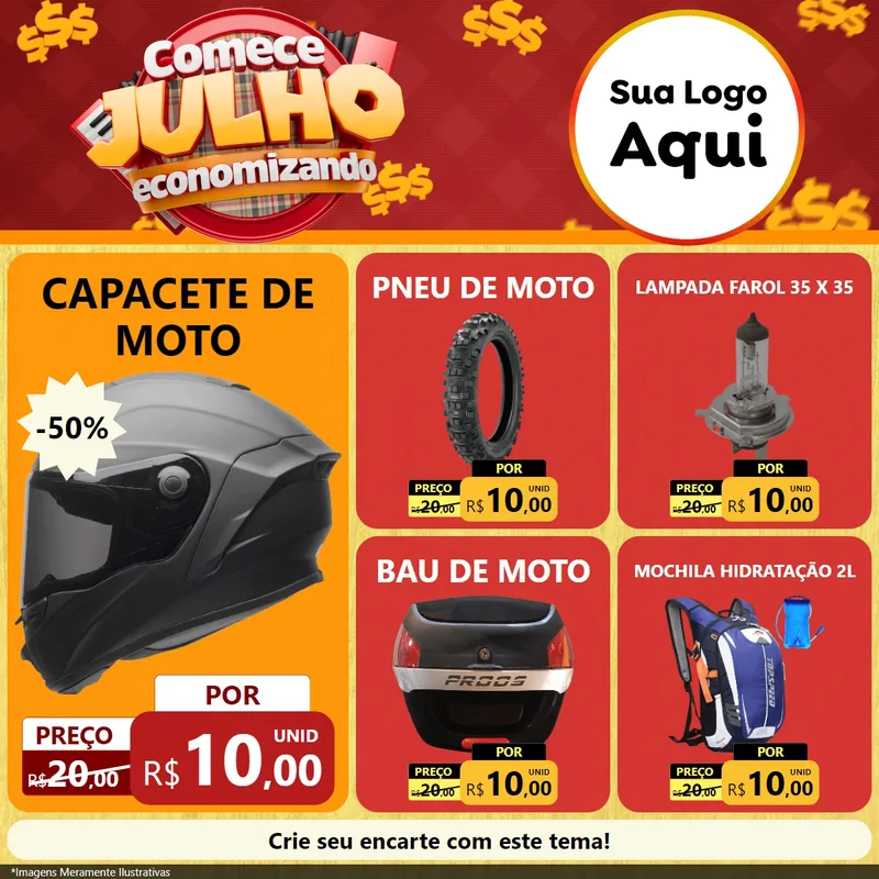 Modelo de Rede Social para Feed Facebook com o tema Comece Julho Economizando para Moto peças