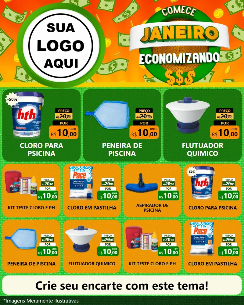 Modelo de Rede Social para Feed Instagram com o tema Comece Janeiro Economizando para Produtos para Piscina