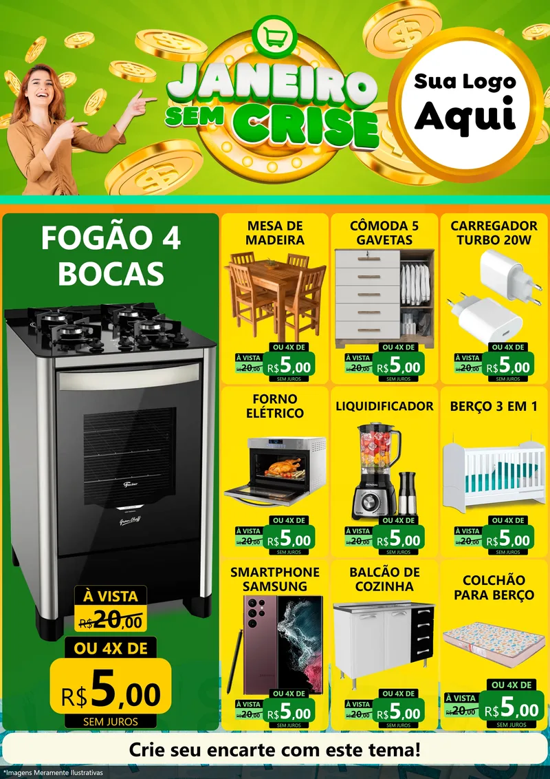 Modelo de Encarte para Encarte A4 Vertical com o tema Janeiro Sem Crise para Móveis e Eletro