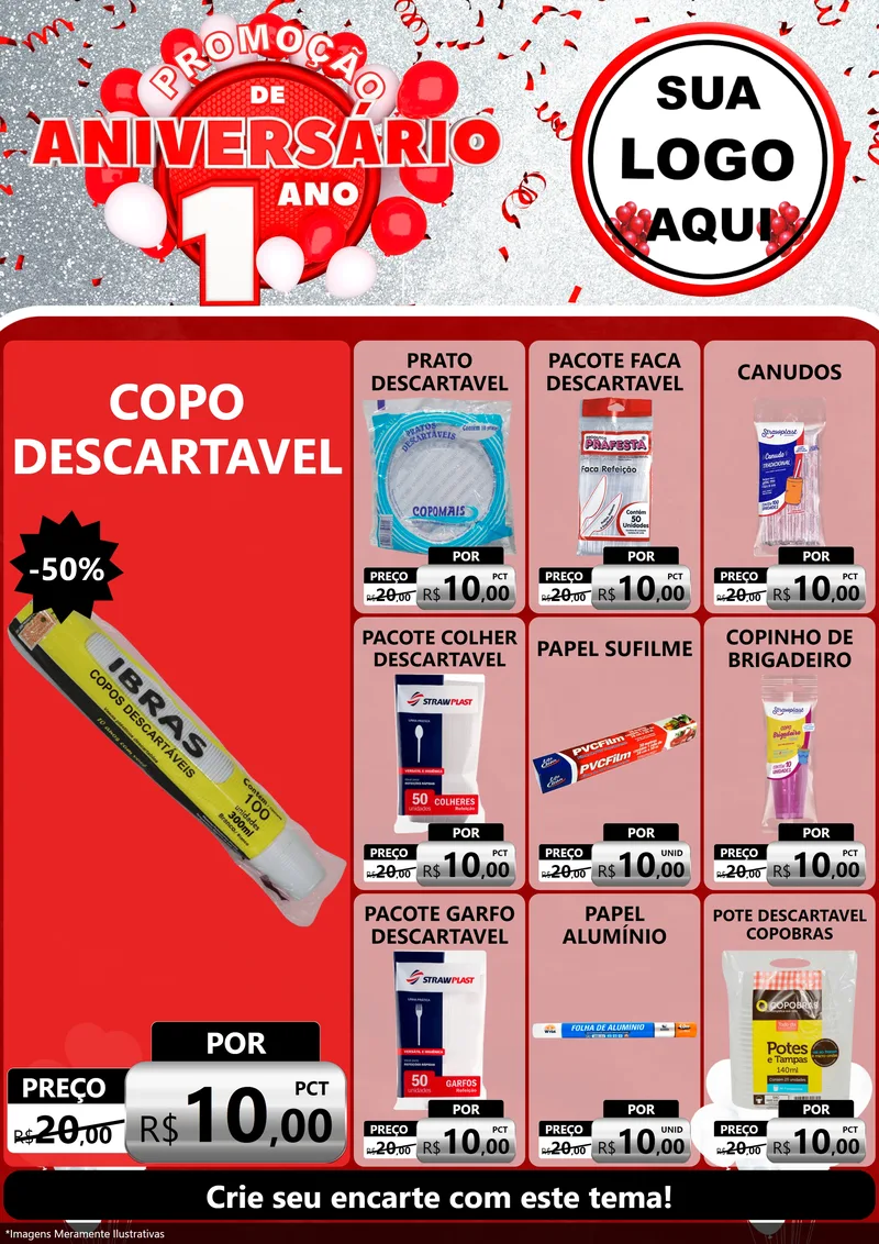 Modelo de Encarte para Encarte A4 Vertical com o tema Promoção de Aniversário - 1 Ano para Embalagens