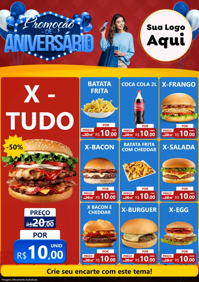 Modelo de Encarte para Encarte A4 Vertical com o tema Promoção de Aniversário para Hamburgueria