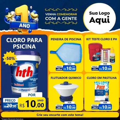 Modelo de Rede Social para Feed Facebook com o tema Um Ano de Aniversário para Produtos para Piscina