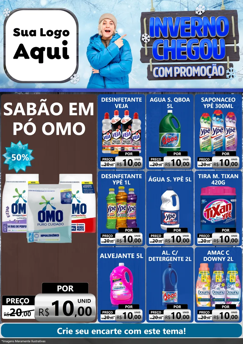 Modelo de Encarte para Encarte A4 Vertical com o tema Inverno Chegou Com Promoção para Produtos de Limpeza