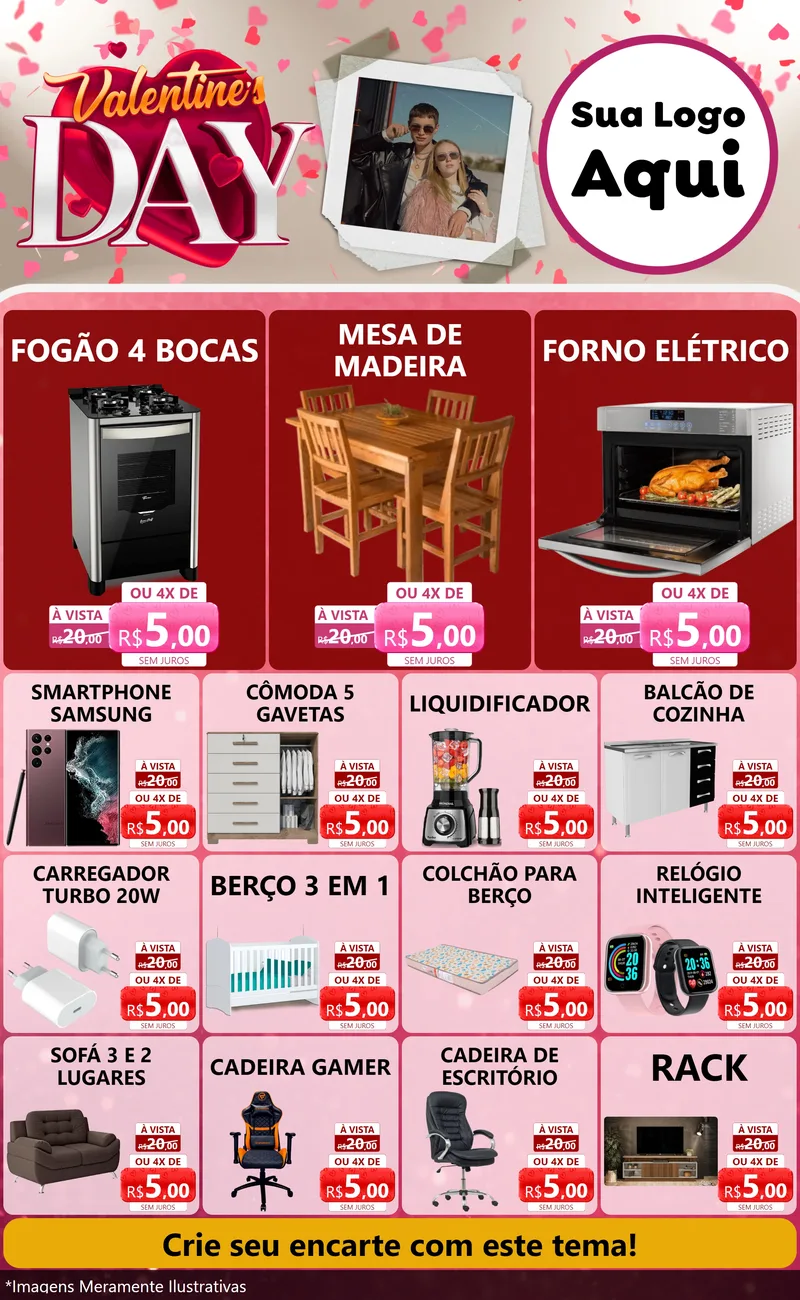 Modelo de Encarte para Encarte Grande com o tema Valentine's Day para Móveis e Eletro