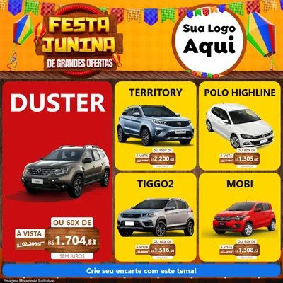 Modelo de Rede Social para Feed Facebook com o tema Festa Junina de Grandes Ofertas para Concessionaria de Carros