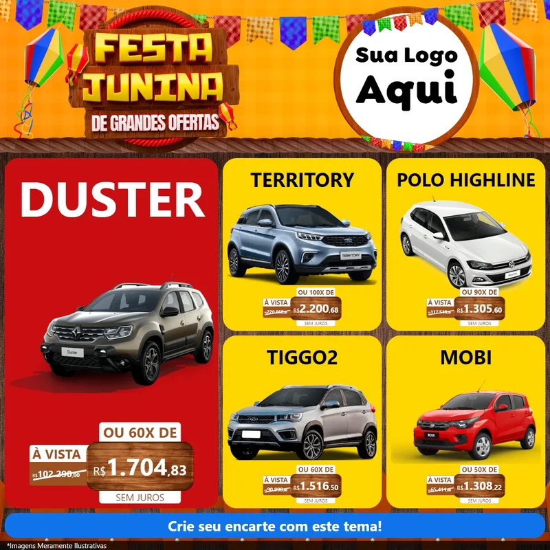 Modelo de Rede Social para Feed Facebook com o tema Festa Junina de Grandes Ofertas para Concessionaria de Carros