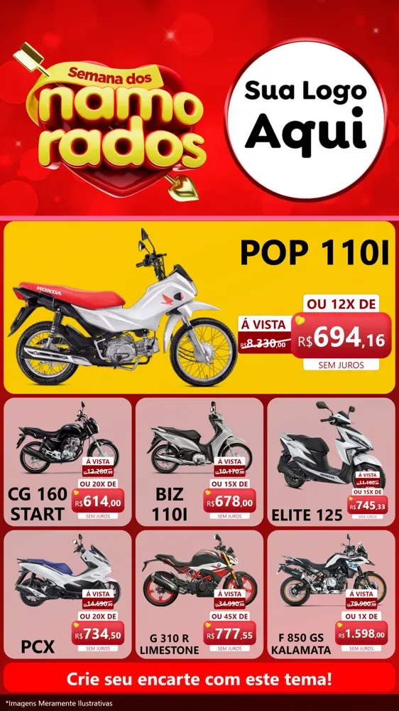 Modelo de Rede Social para Stories com o tema Semana dos namorados para Concessionaria de Motos