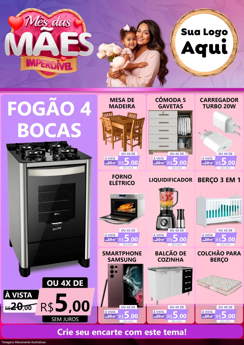 Modelo de Encarte para Encarte A4 Vertical com o tema Mês das Mães Imperdível para Móveis e Eletro