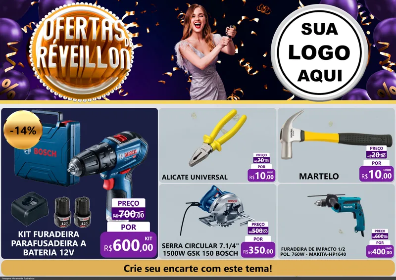 Modelo de Encarte para Encarte A4 Horizontal com o tema Ofertas de Réveillon para Maquinas e Ferramentas