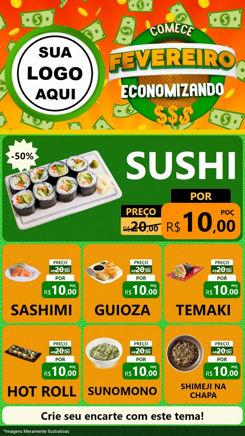 Modelo de Rede Social para Stories com o tema Comece Fevereiro Economizando para Comida japonesa