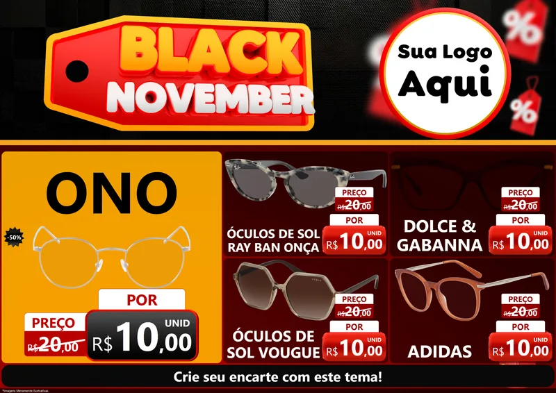 Modelo de Encarte para Encarte A4 Horizontal com o tema Black November para Óticas