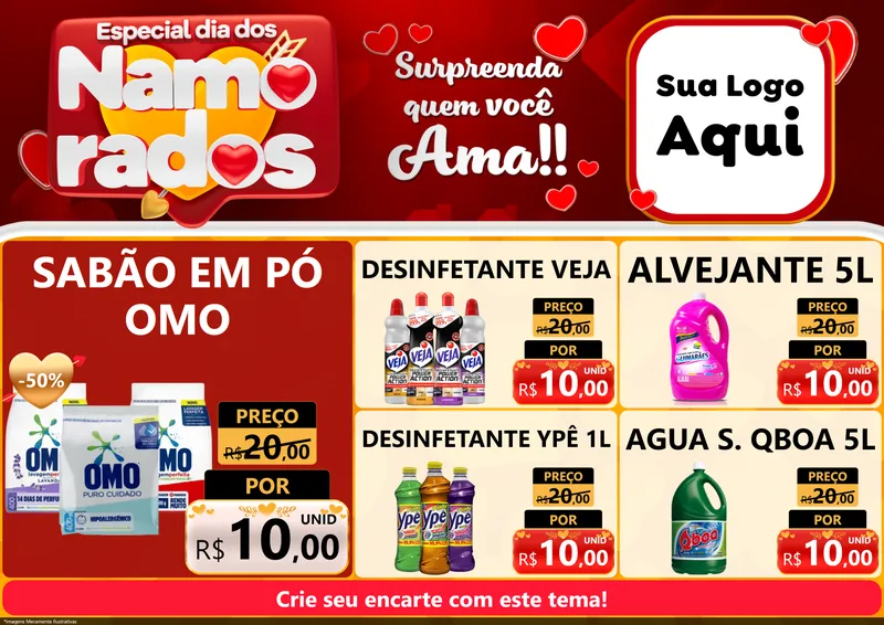 Modelo de Encarte para Encarte A4 Horizontal com o tema Especial Dia dos Namorados para Produtos de Limpeza