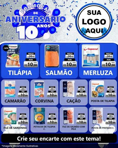 Modelo de Rede Social para Feed Instagram com o tema Promoção de Aniversário - 10 Anos para Peixaria