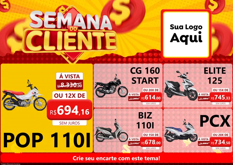 Modelo de Encarte para Encarte A4 Horizontal com o tema Semana do Cliente para Concessionaria de Motos