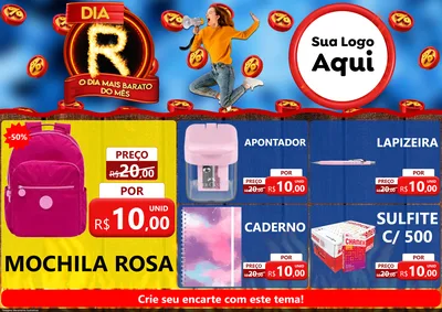Modelo de Encarte para Encarte A4 Horizontal com o tema Dia R - O Dia Mais Barato Do Mês para Papelaria