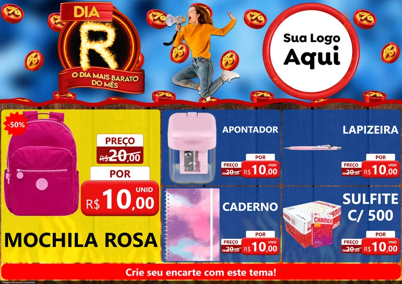 Modelo de Encarte para Encarte A4 Horizontal com o tema Dia R - O Dia Mais Barato Do Mês para Papelaria