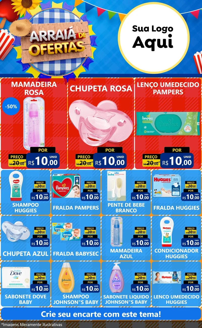 Modelo de Encarte para Encarte Grande com o tema Arraiá de Ofertas para Bebês