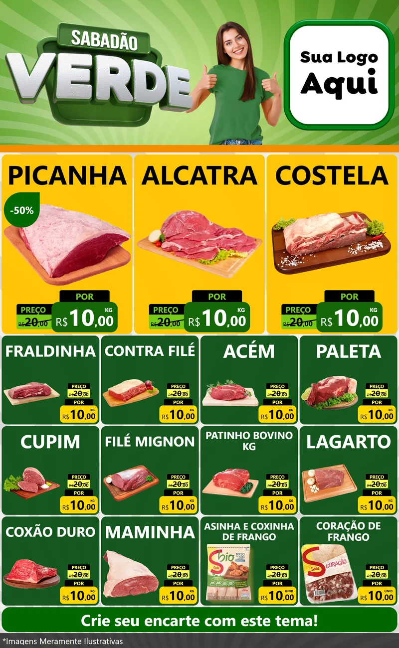 Modelo de Encarte para Encarte Grande com o tema Sabadão Verde para Açougue