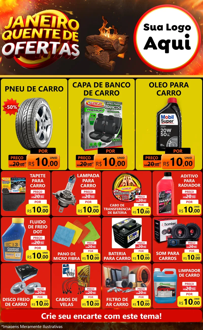 Modelo de Encarte para Encarte Grande com o tema Janeiro Quente de Ofertas para Auto peças
