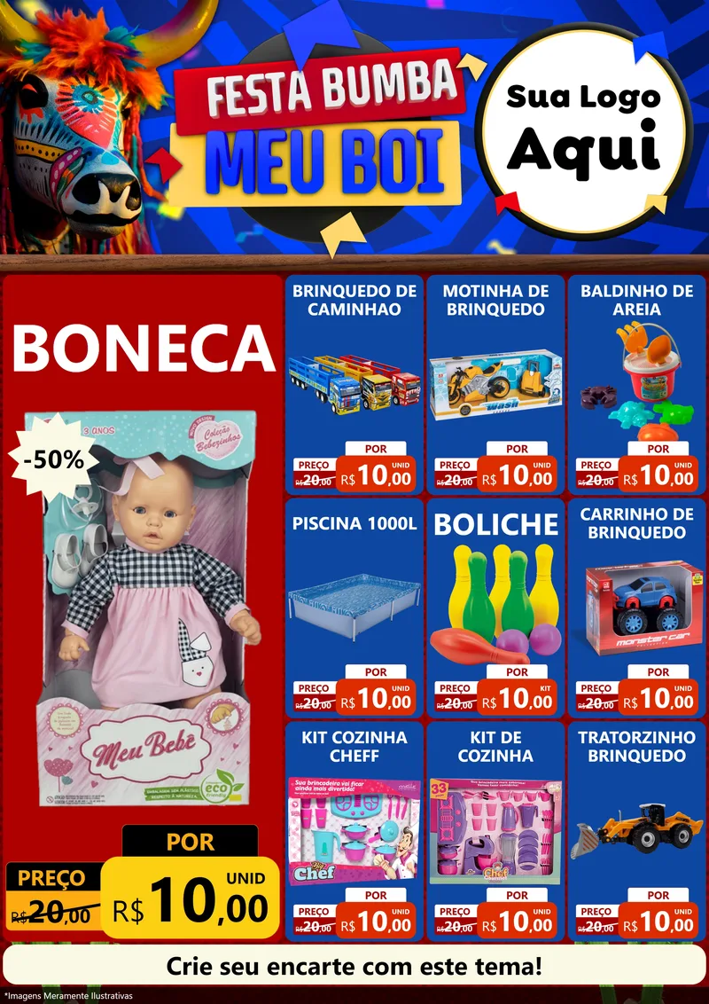 Modelo de Encarte para Encarte A4 Vertical com o tema Festa Bumba meu Boi para Brinquedos