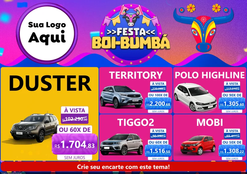 Modelo de Encarte para Encarte A4 Horizontal com o tema Festa Boi-Bumbá para Concessionaria de Carros