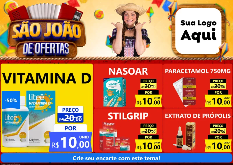 Modelo de Encarte para Encarte A4 Horizontal com o tema São João de Ofertas para Farmácia